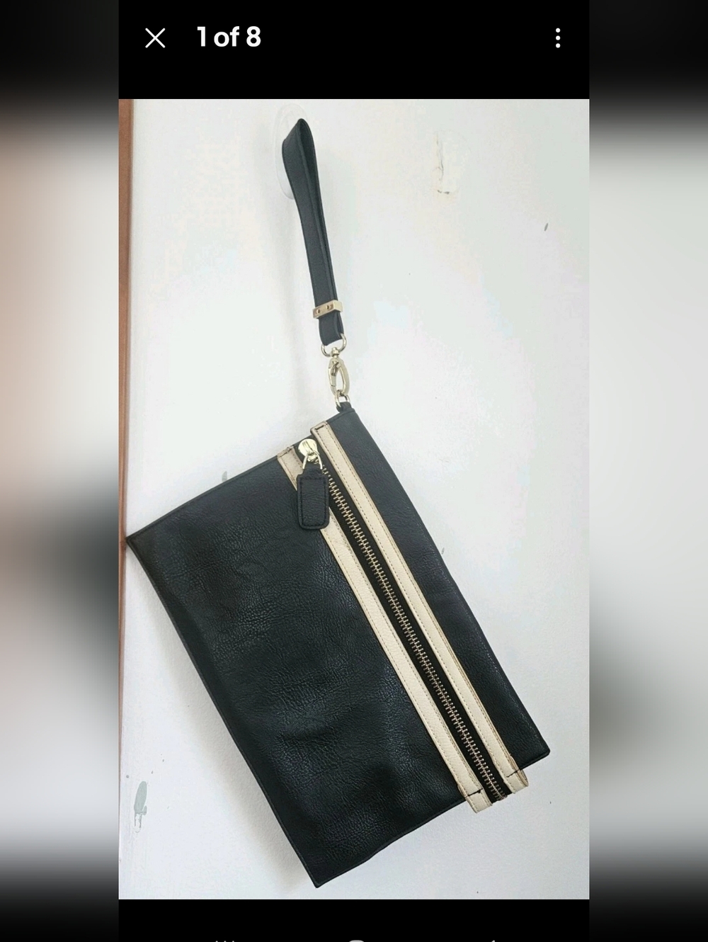 Big Buddha Black Vegan Leather Large Clutch Handbag Gold Ivory Stripe Wristlet